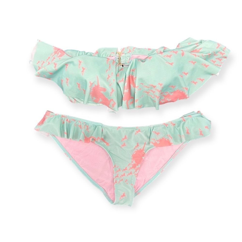 Beach Riot bikini, aqua blue pink unicorn print Flutter ruffle (top M, Bottom L)